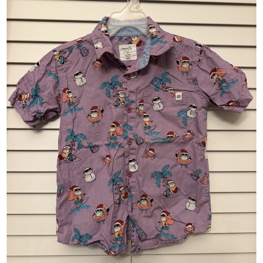 Sovereign Code Boys Shirt Size 4 Short Sleeve Purple Santa Christmas Holiday